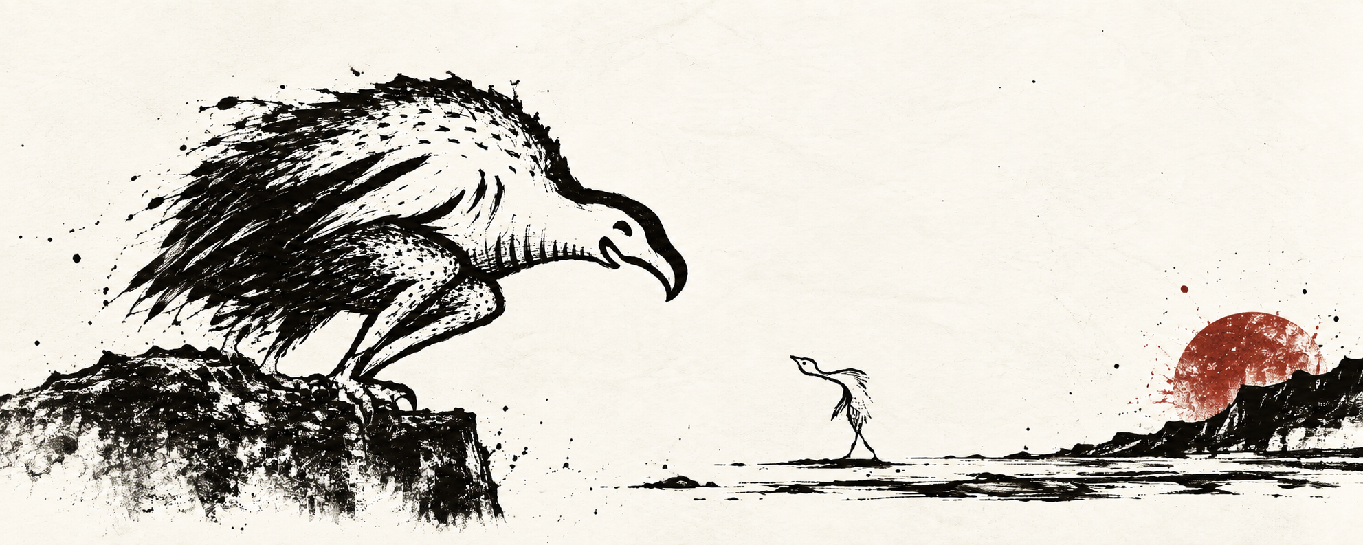A large hand-drawn bird facing a smaller fragile bird across an open landscape